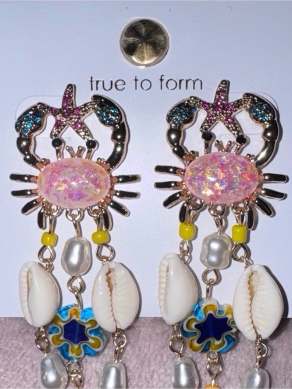 True to Form Pink Opal Crab Drop Earrings - Beach Shell Dangle - Picture 4 of 4